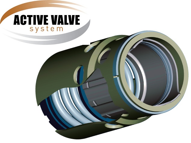 logo systemu Active Valve oraz widok zaworu